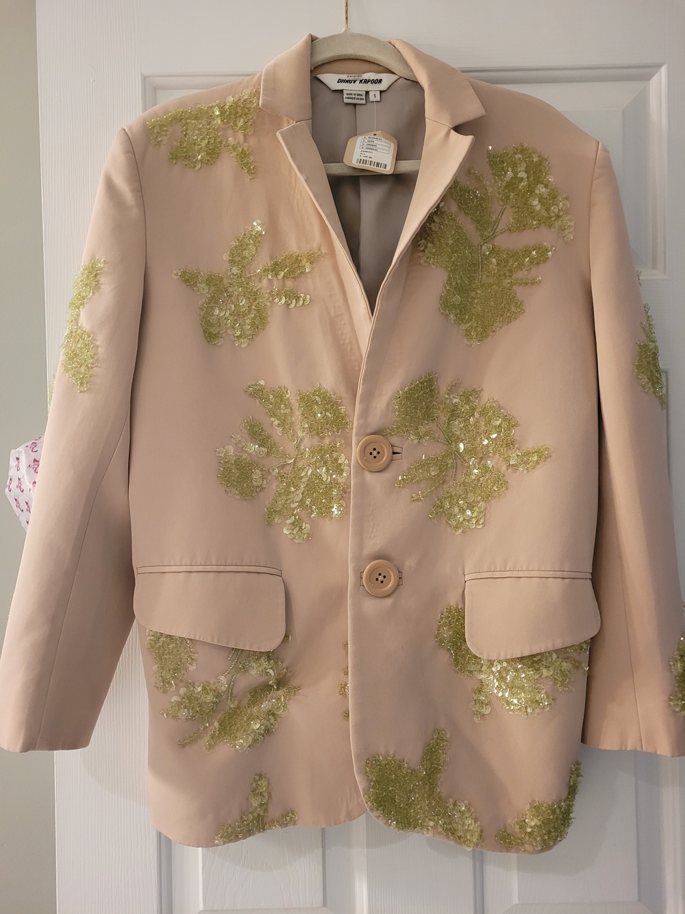 Beige Blazer with Chartreuse Sequin Floral Appliqués